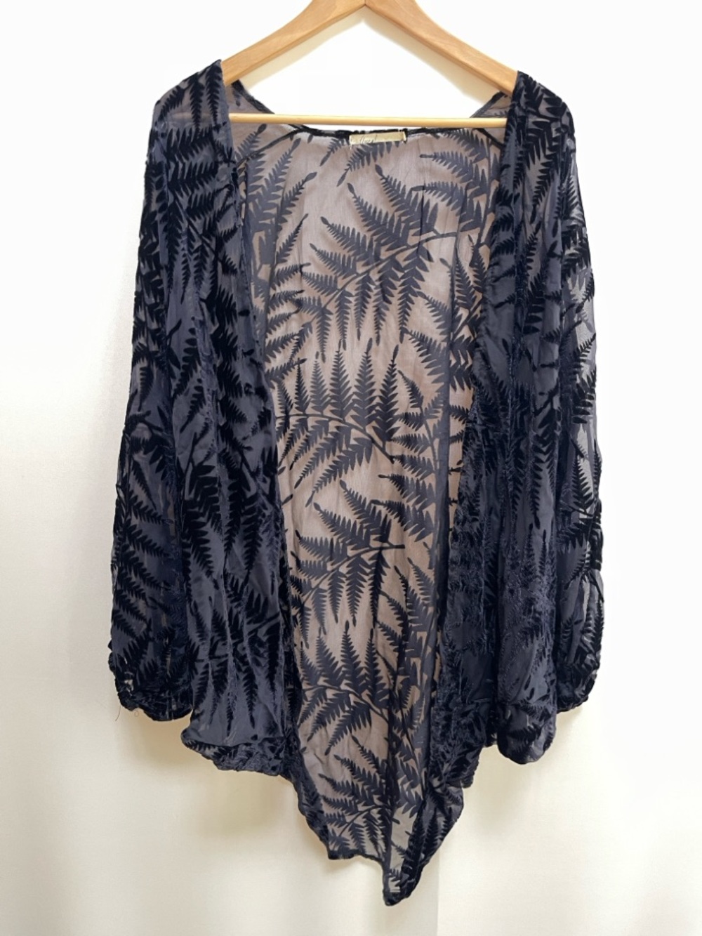 Sheer Burnout Velvet Kimono Black Fern Duster, Cover-up | Boho Lagenlook Layer - Picture 2 of 8